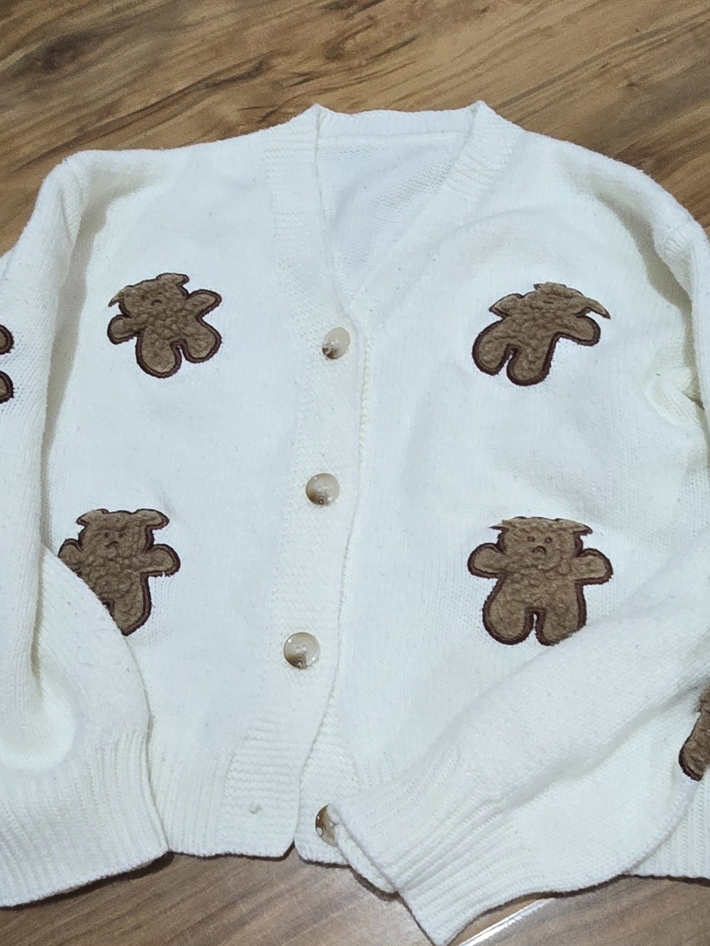 White Knit Cardigan with Brown Teddys